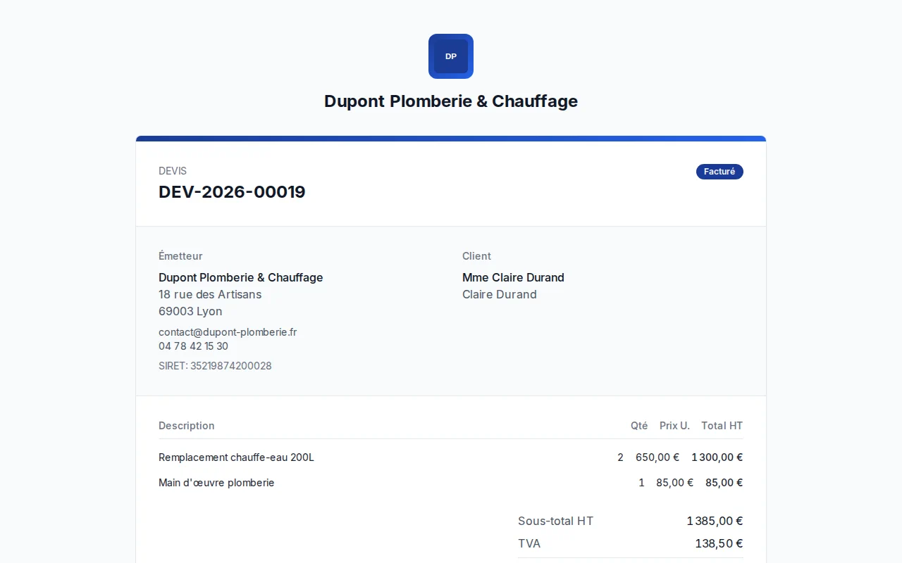 Aperçu PDF d'un devis DevisSimple avec logo et totaux