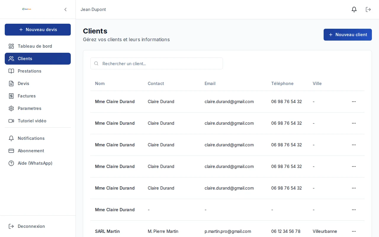 Liste des clients dans DevisSimple