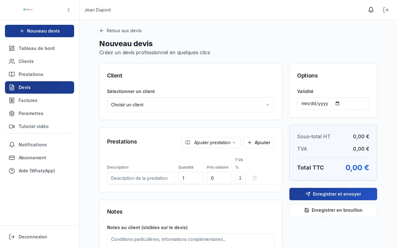 Écran de création d'un devis dans DevisSimple