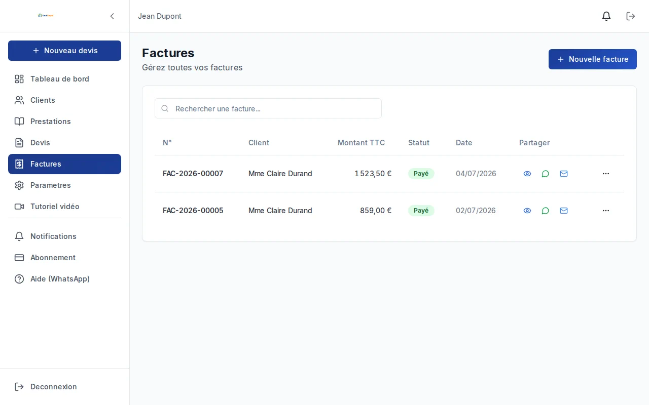 Gestion des factures dans DevisSimple