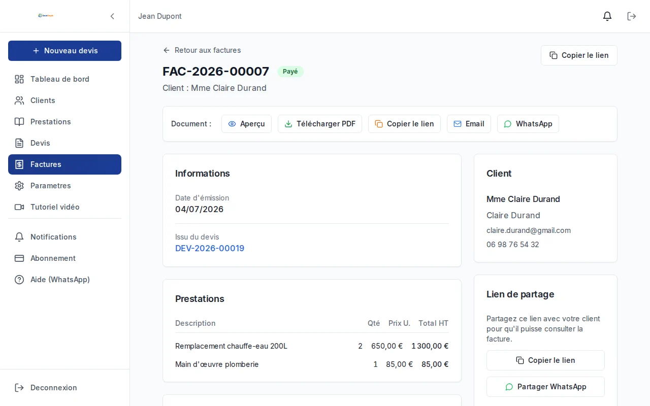 Facture marquée comme payée dans DevisSimple