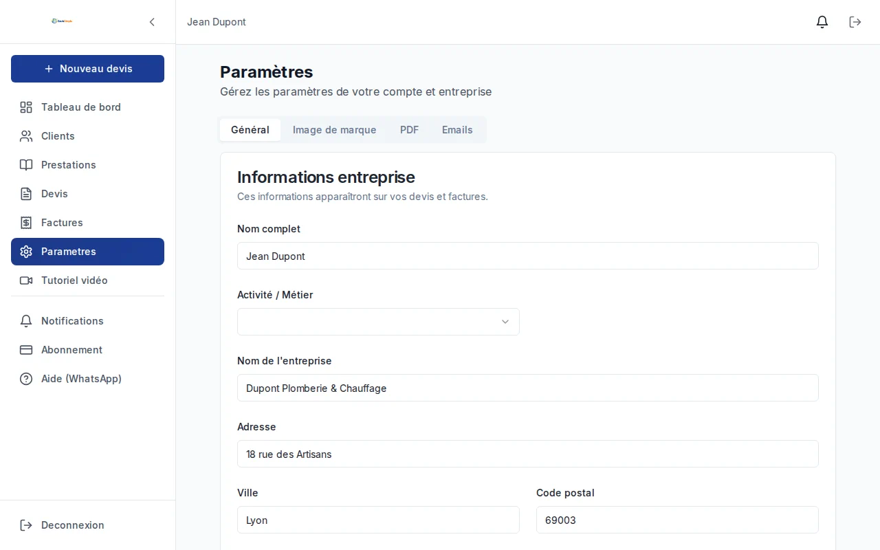 Paramètres entreprise DevisSimple — SIRET, logo et modèles PDF