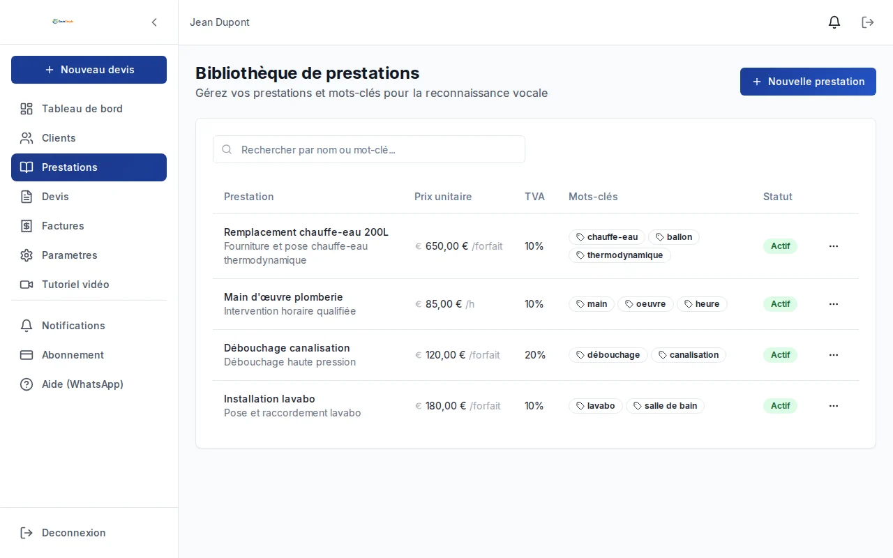 Bibliothèque de prestations DevisSimple pour artisans