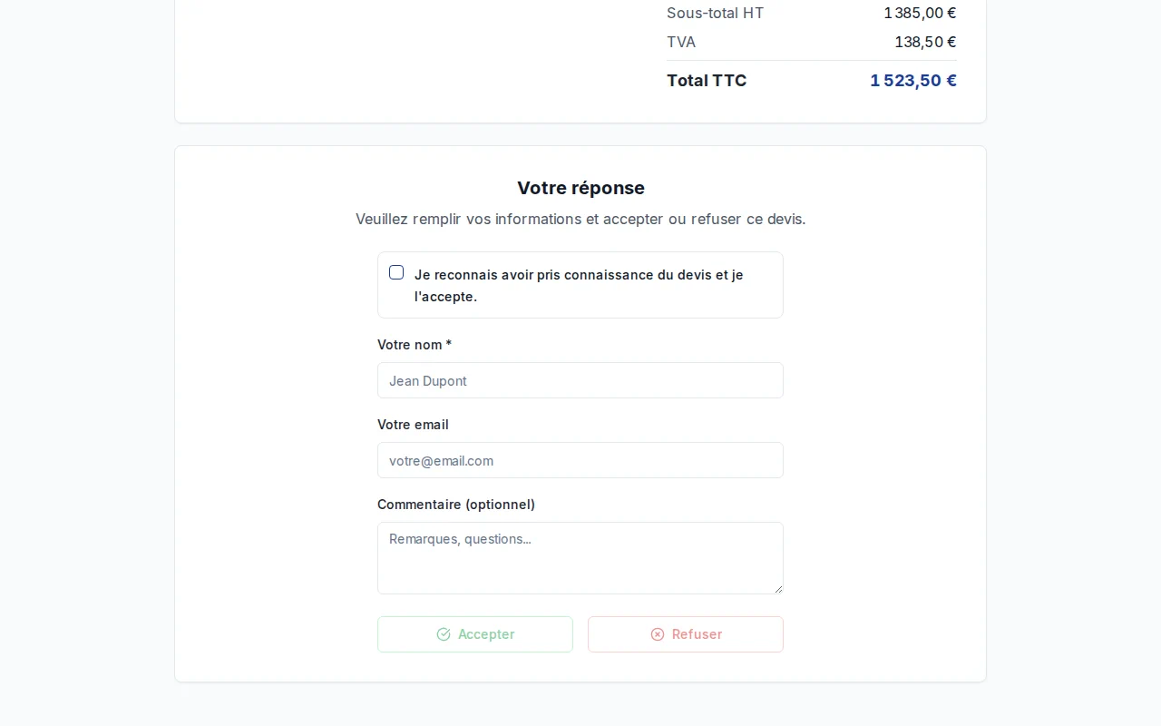 Signature électronique d'un devis DevisSimple côté client